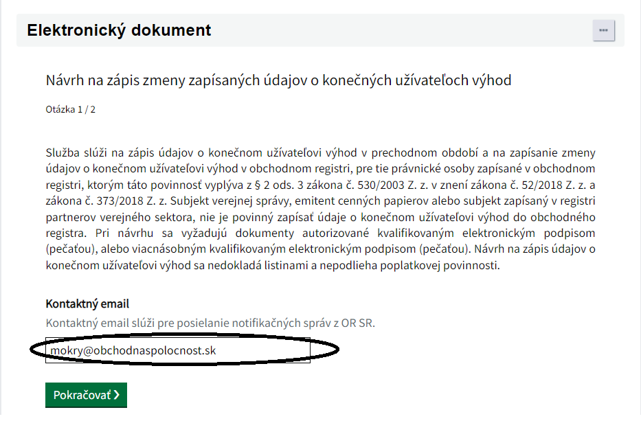 Návrh na zápis zmeny KUV - kontaktný email